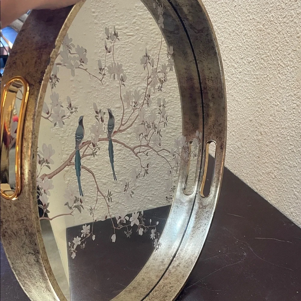 Gold Floral Mirror Tray - Decorative Wall Accent
